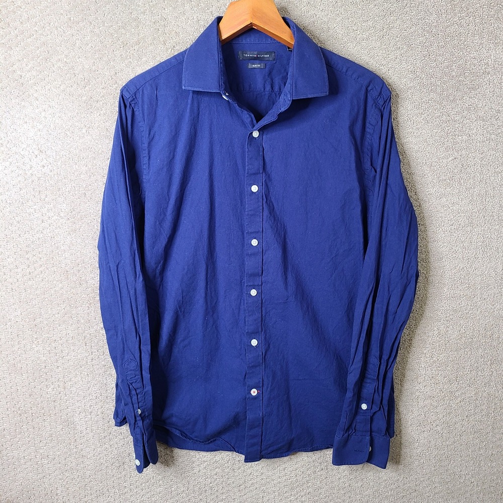 Tommy Hilfiger Shirt Mens Large‎ Blue Slim Fit Button Down Cotton Long Sleeve